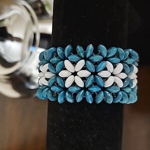 Teal/White Wood Bead Bracelet